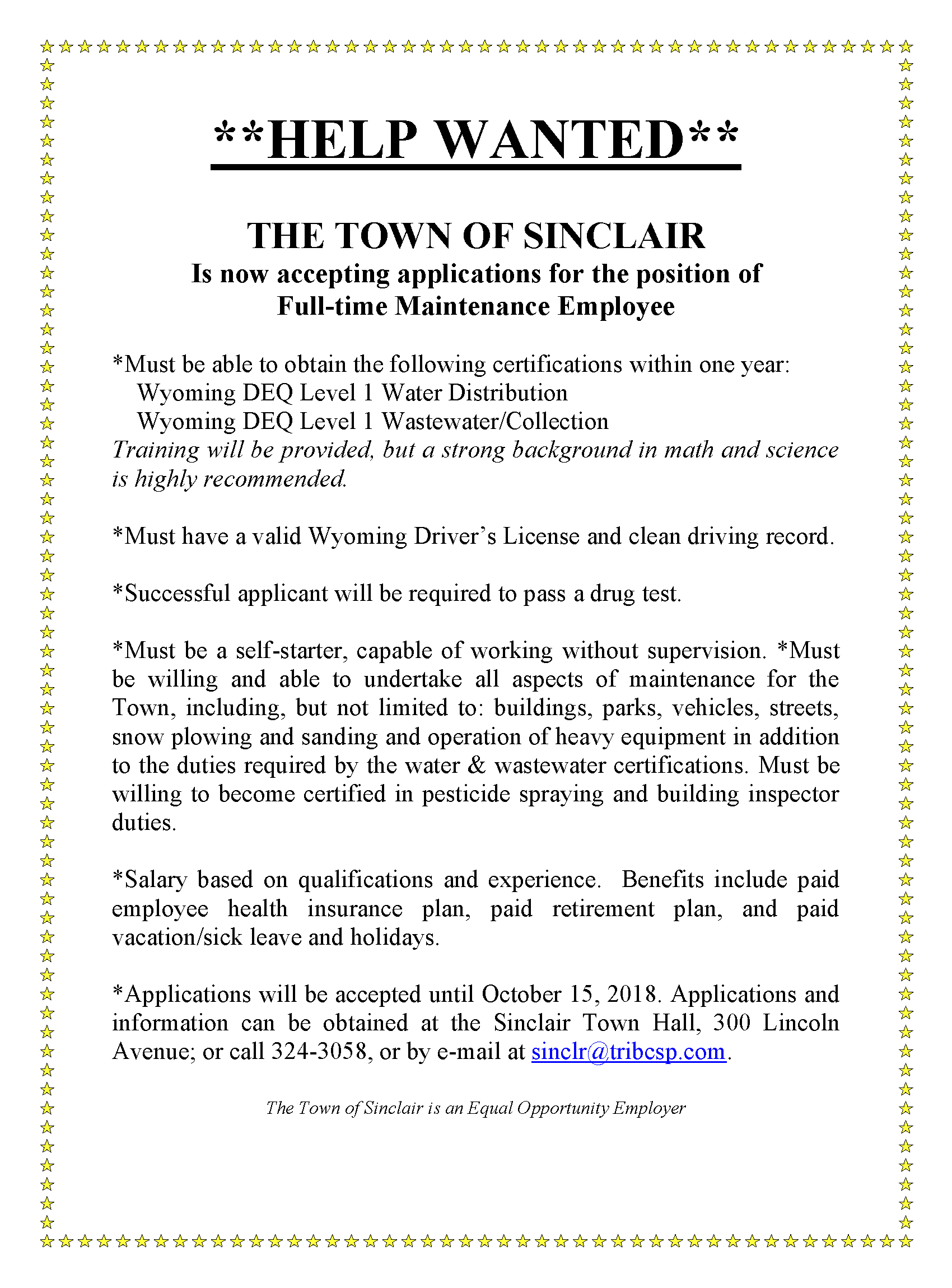 town of sinclair wyoming working without supervision
